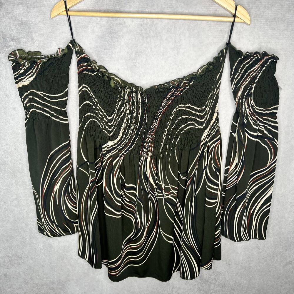 90s Boho Abstract Olive Green Smocked Off Shoulder Blouse 4XL